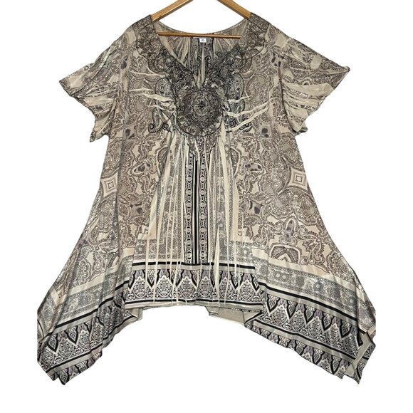 Croft & Barrow Women Plus 2X Paisley Print Tunic Embroidered Asymmetric Blousy - Picture 2 of 16
